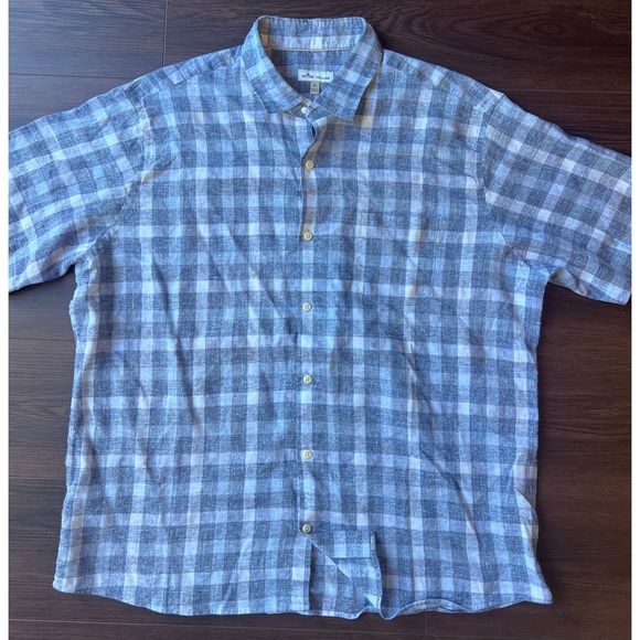 Peter Millar Other - Peter Millar Mens XL Blue White Plaid Linen Sorona Short Sleeve Button Down